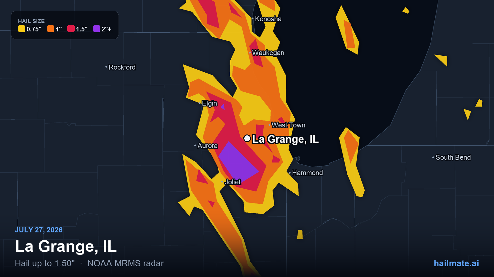 Hail swath map for La Grange, IL on July 27, 2026 showing 1.50 inch hail.