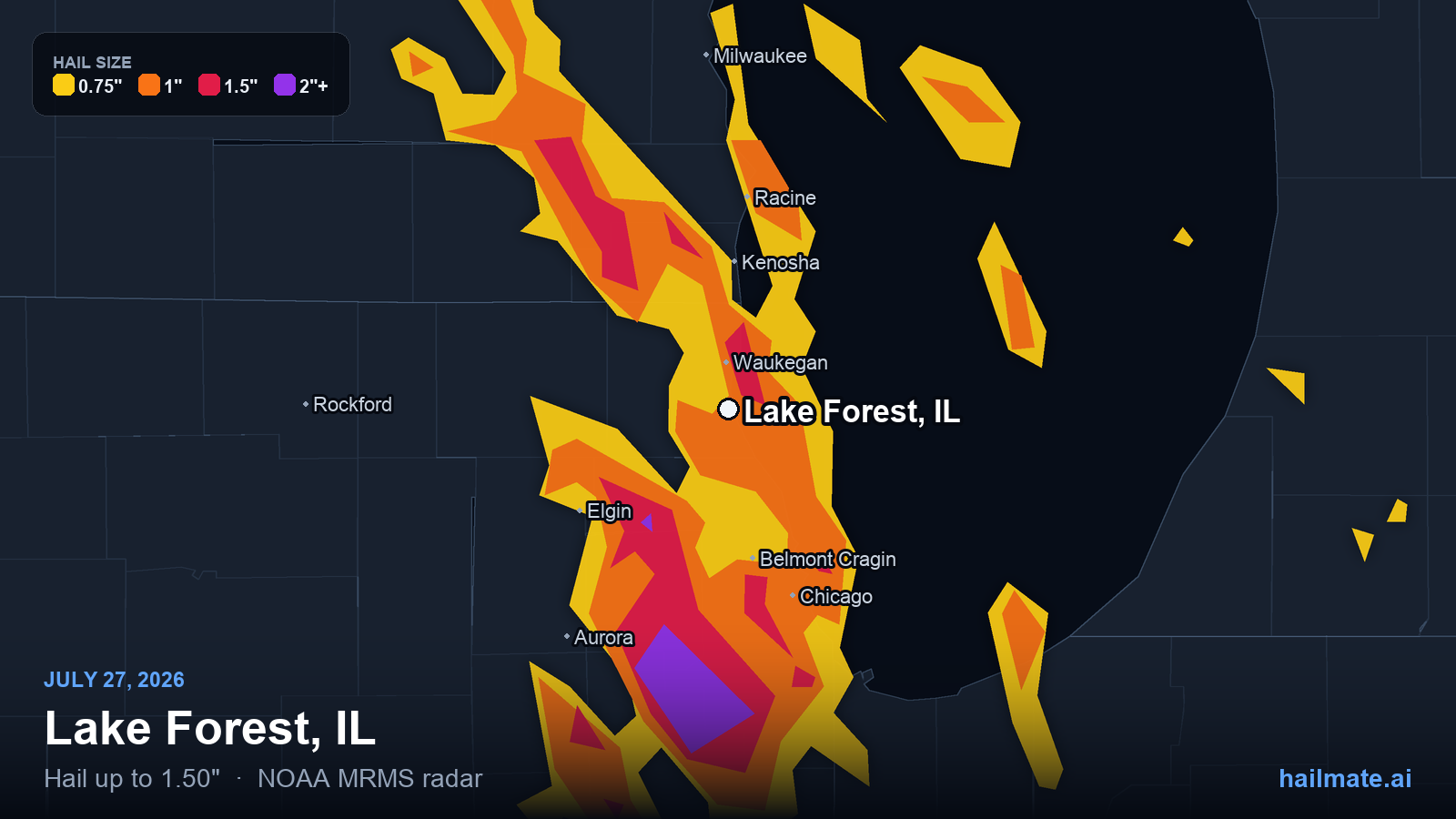 Hail swath map for Lake Forest, IL on July 27, 2026 showing 1.50 inch hail.
