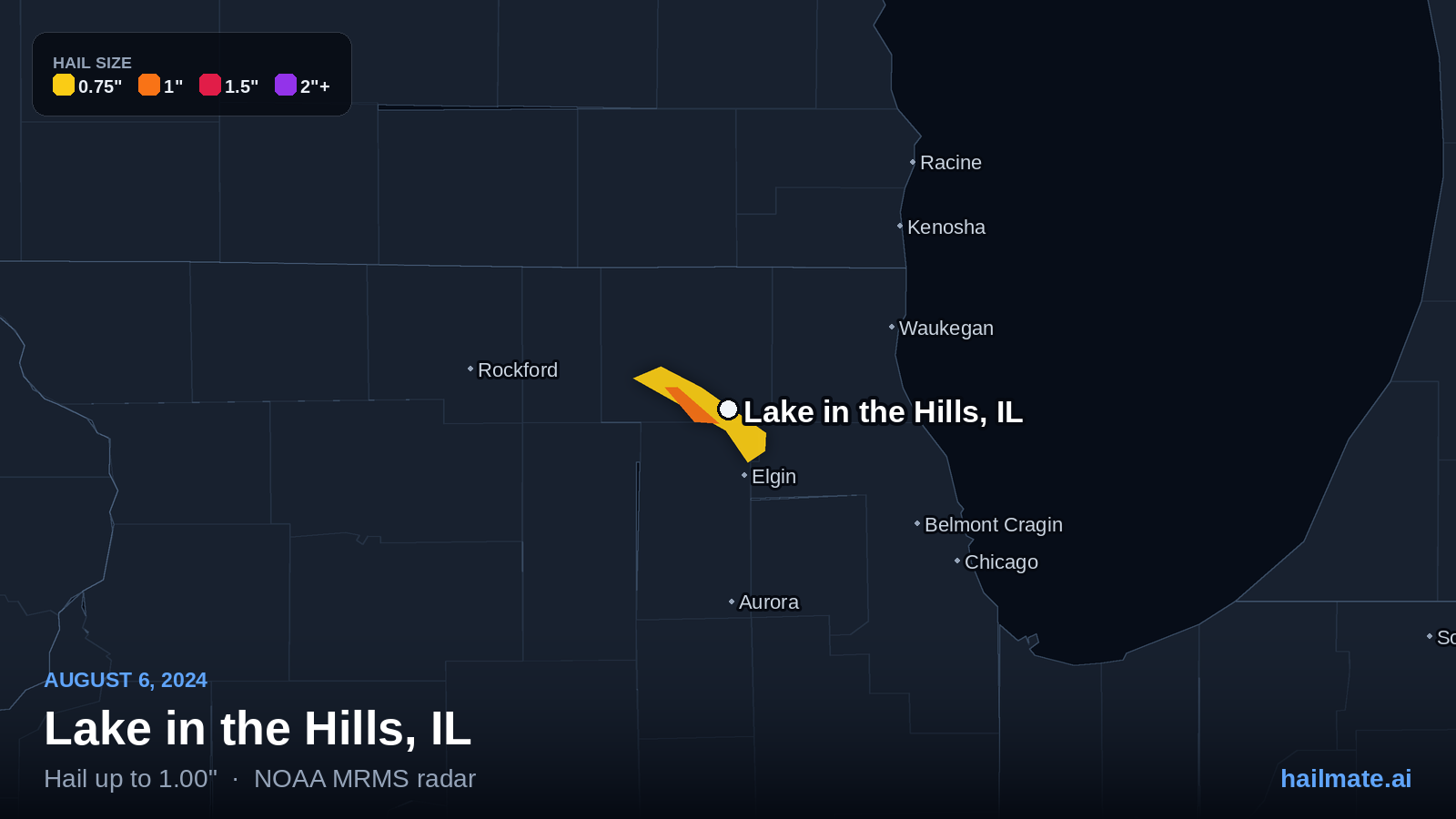 Hail swath map for Lake in the Hills, IL on August 6, 2024 showing 1.00 inch hail.