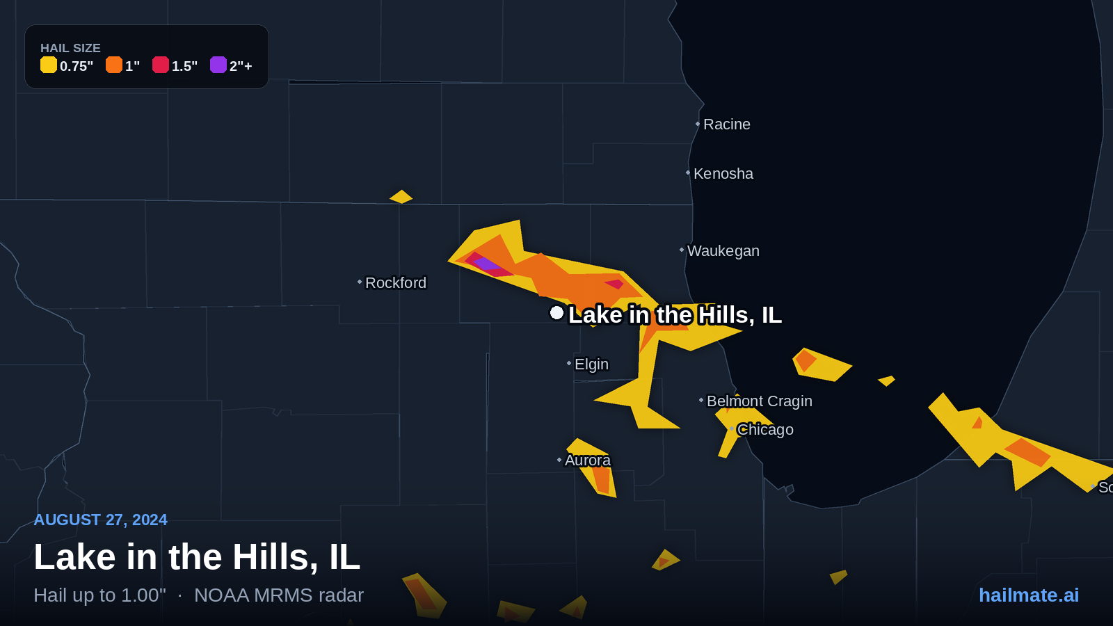 Hail swath map for Lake in the Hills, IL on August 27, 2024 showing 1.00 inch hail.