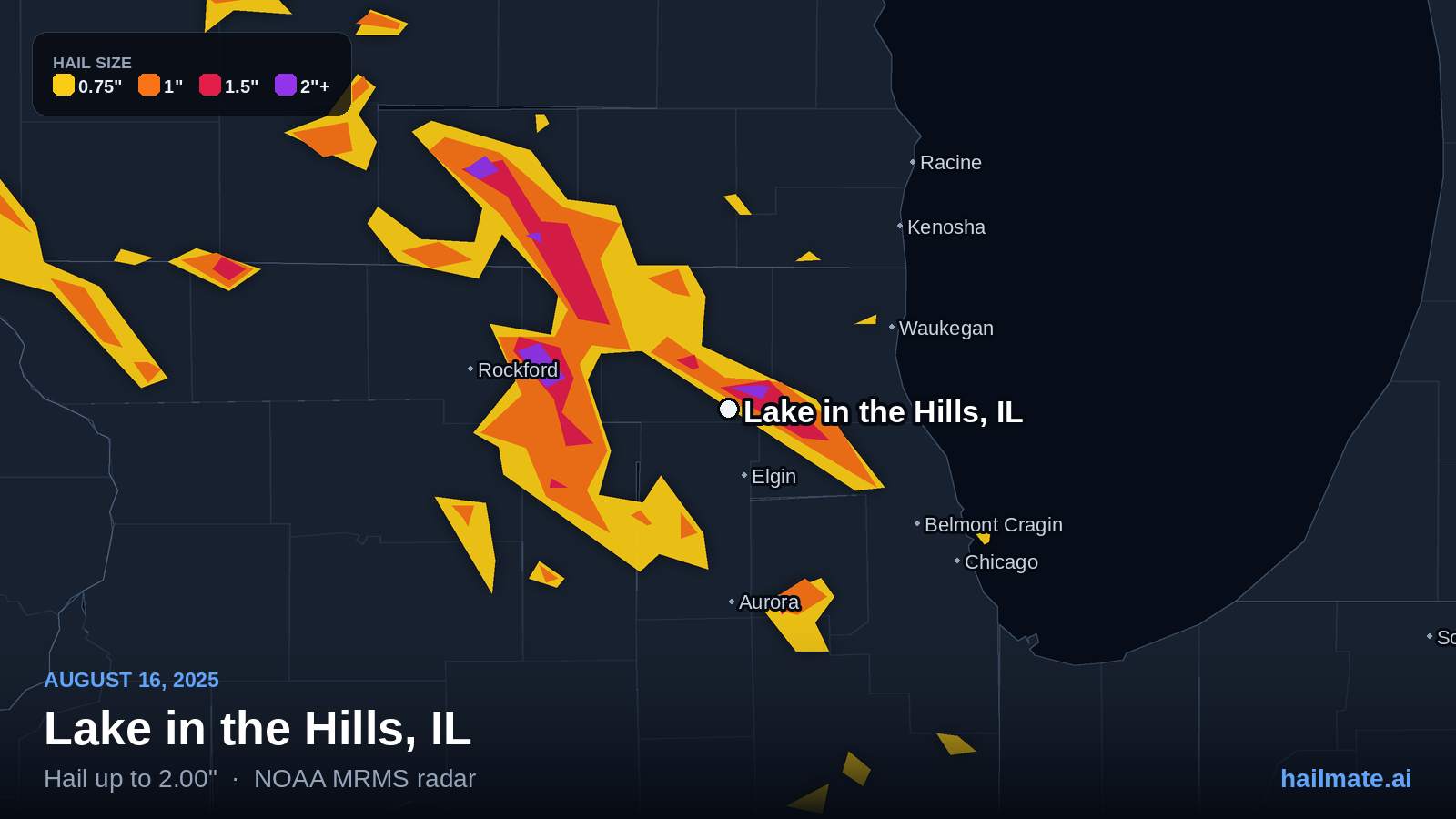 Hail swath map for Lake in the Hills, IL on August 16, 2025 showing 2.00 inch hail.
