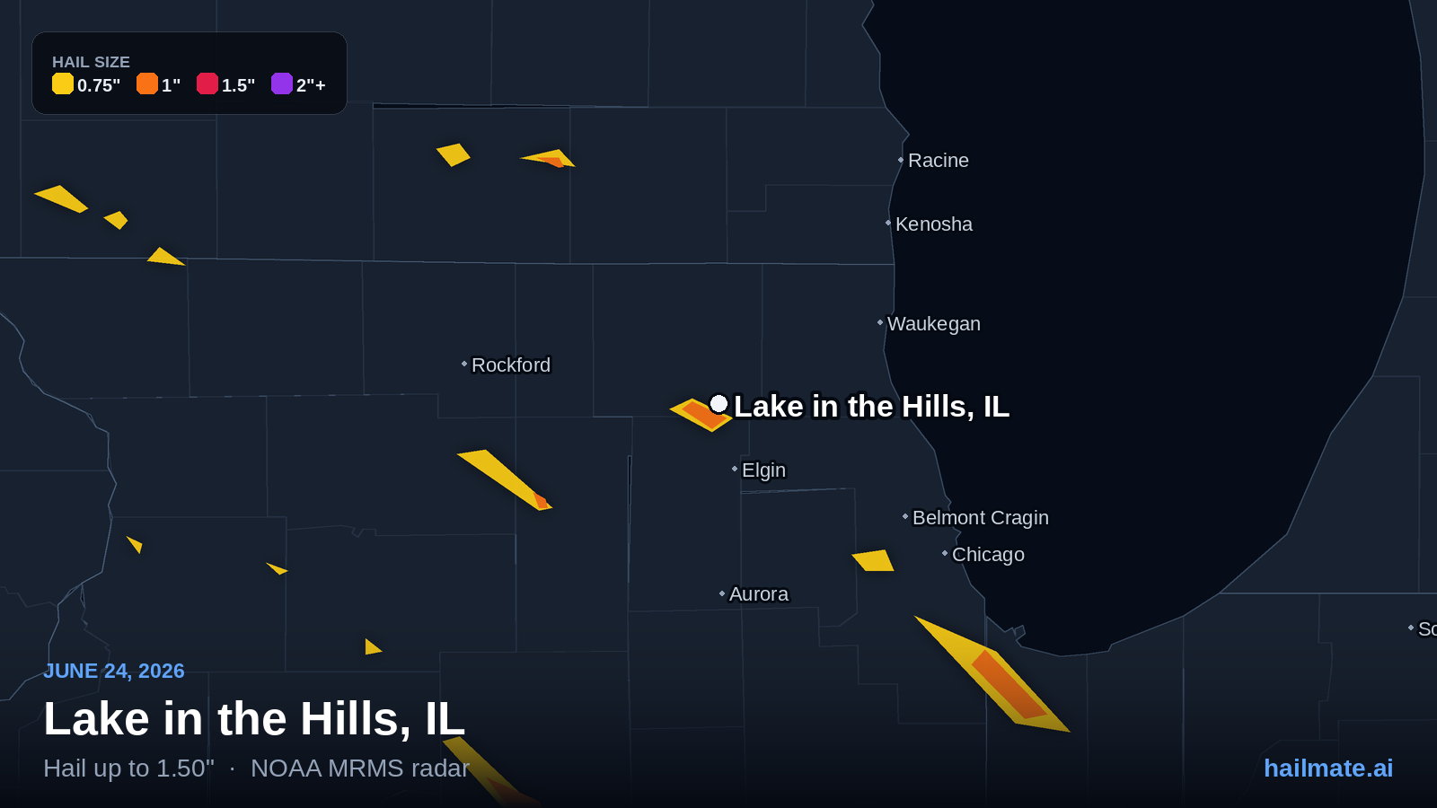Hail swath map for Lake in the Hills, IL on June 24, 2026 showing 1.50 inch hail.