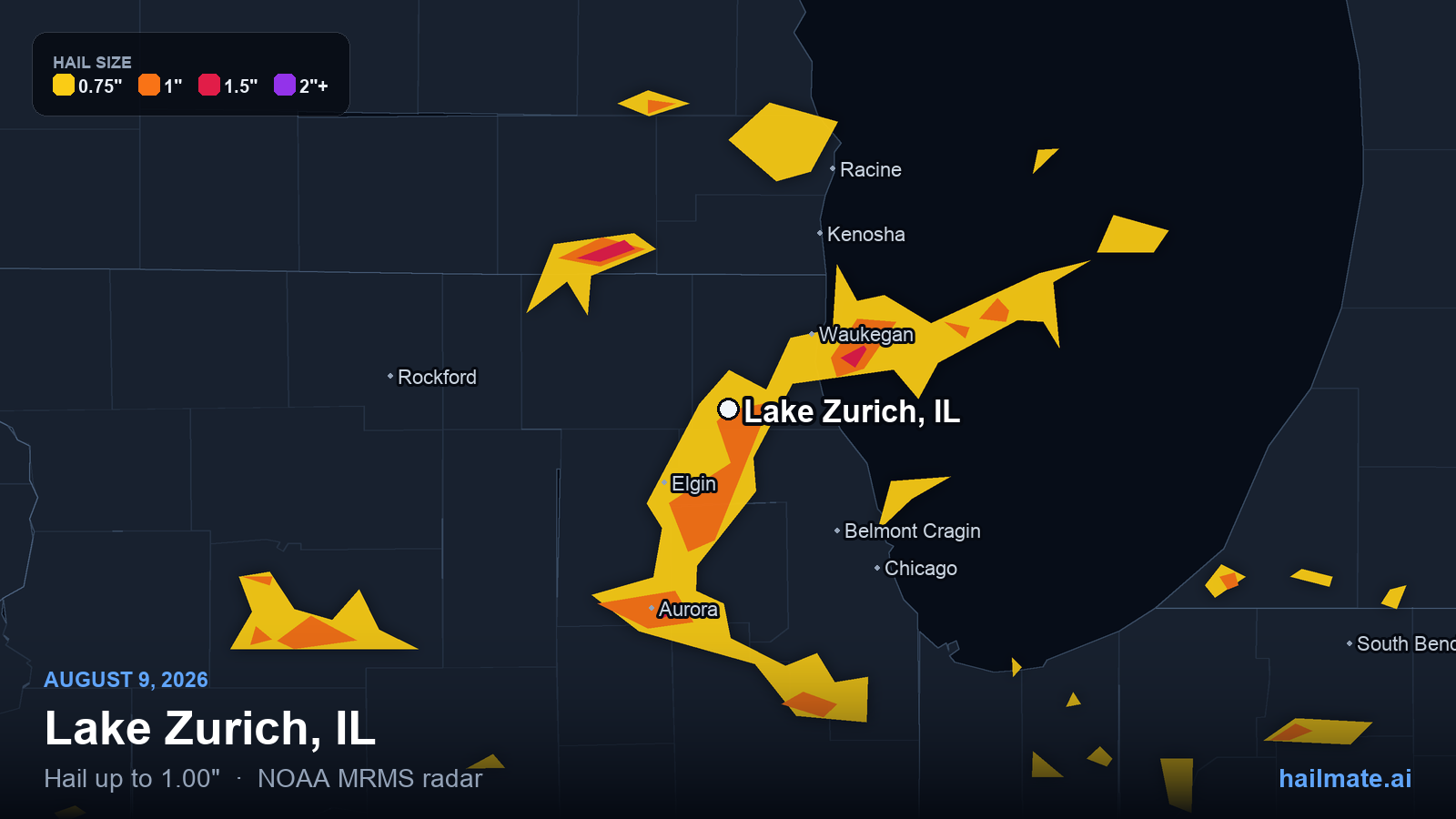 Hail swath map for Lake Zurich, IL on August 9, 2026 showing 1.00 inch hail.