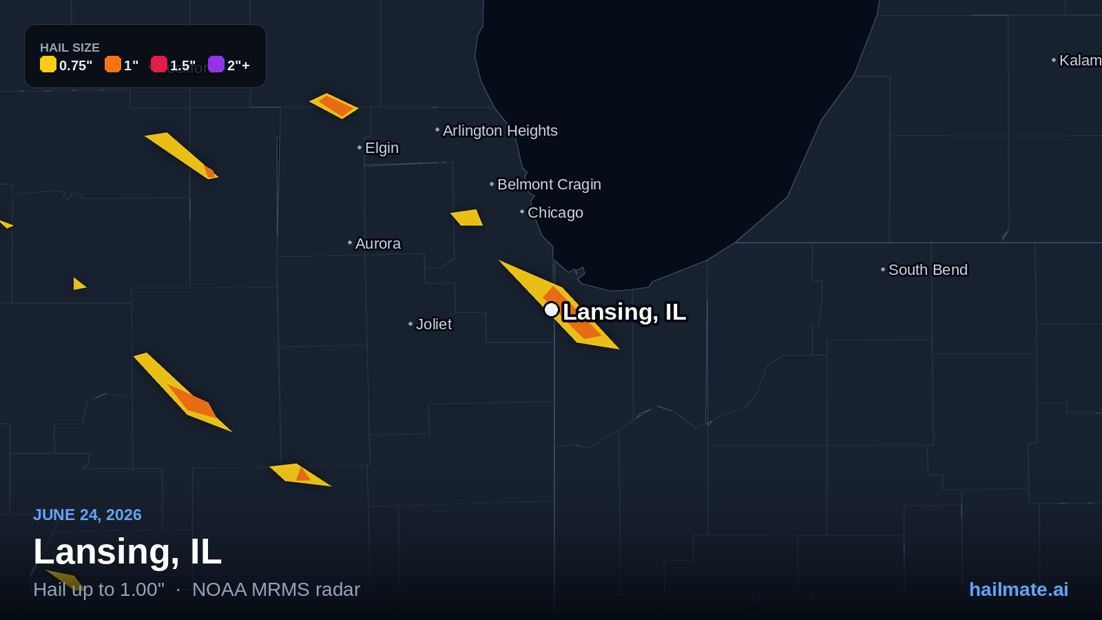 Hail swath map for Lansing, IL on June 24, 2026 showing 1.00 inch hail.