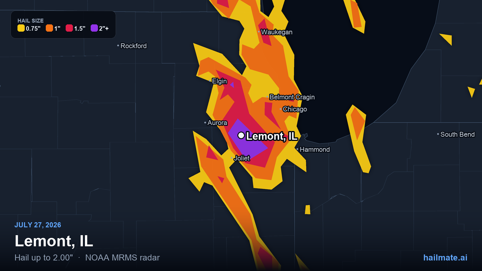 Hail swath map for Lemont, IL on July 27, 2026 showing 2.00 inch hail.