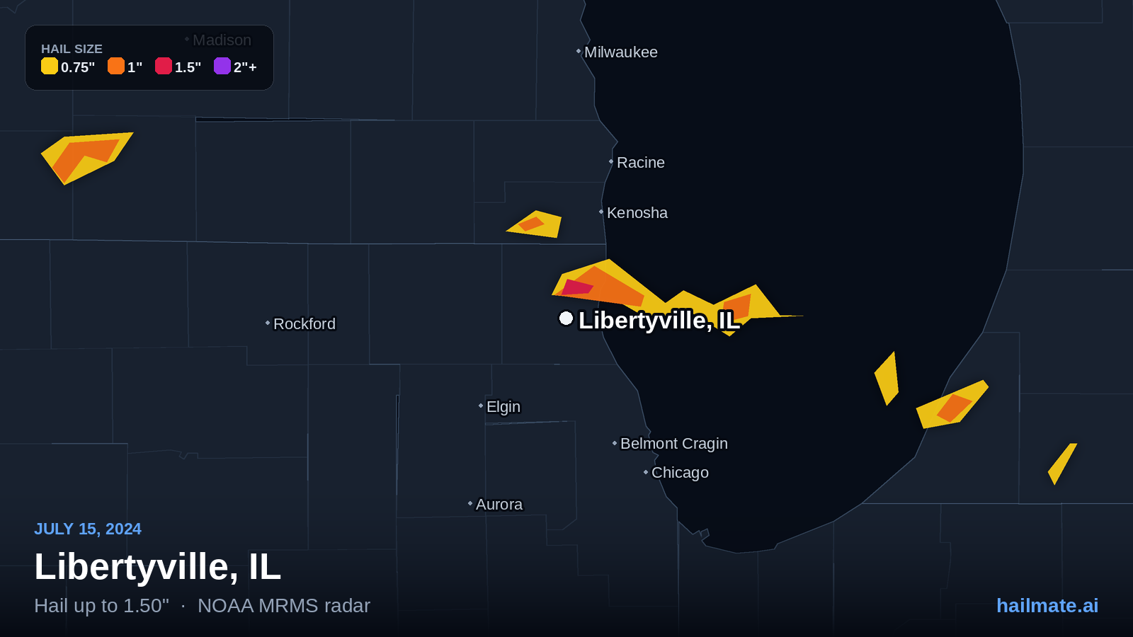 Hail swath map for Libertyville, IL on July 15, 2024 showing 1.50 inch hail.