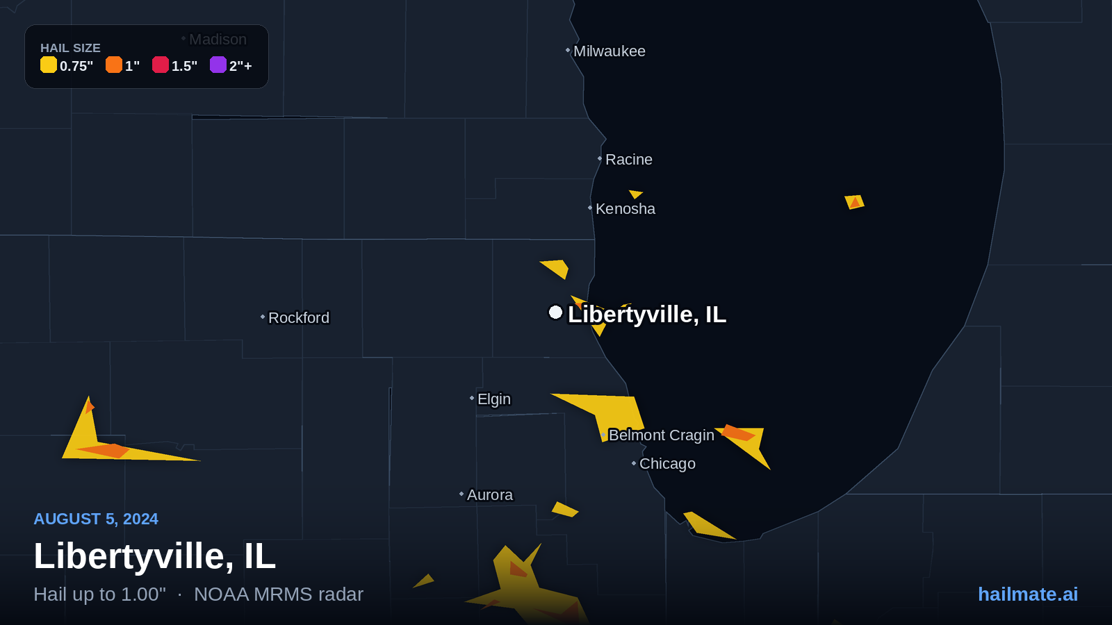 Hail swath map for Libertyville, IL on August 5, 2024 showing 1.00 inch hail.