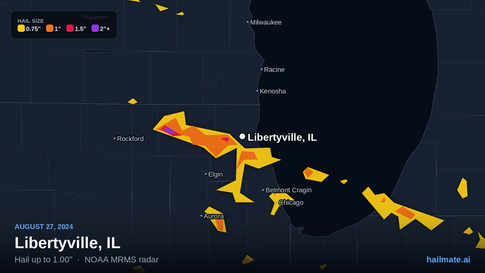 Hail swath map for Libertyville, IL on August 27, 2024 showing 1.00 inch hail.