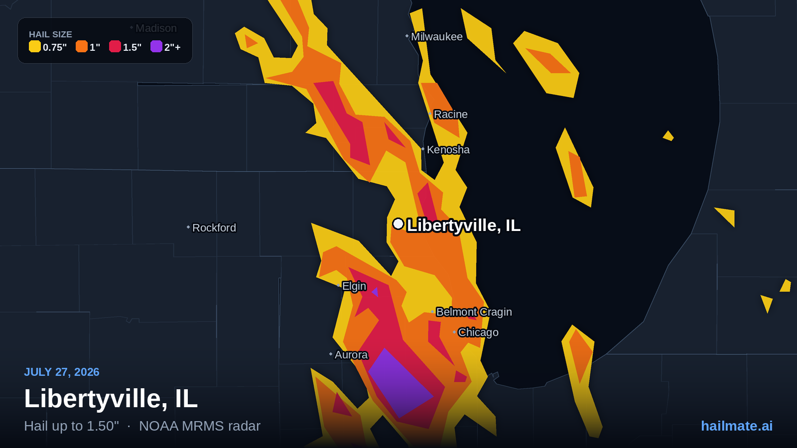 Hail swath map for Libertyville, IL on July 27, 2026 showing 1.50 inch hail.