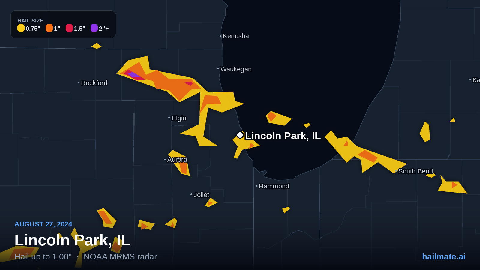 Hail swath map for Lincoln Park, IL on August 27, 2024 showing 1.00 inch hail.