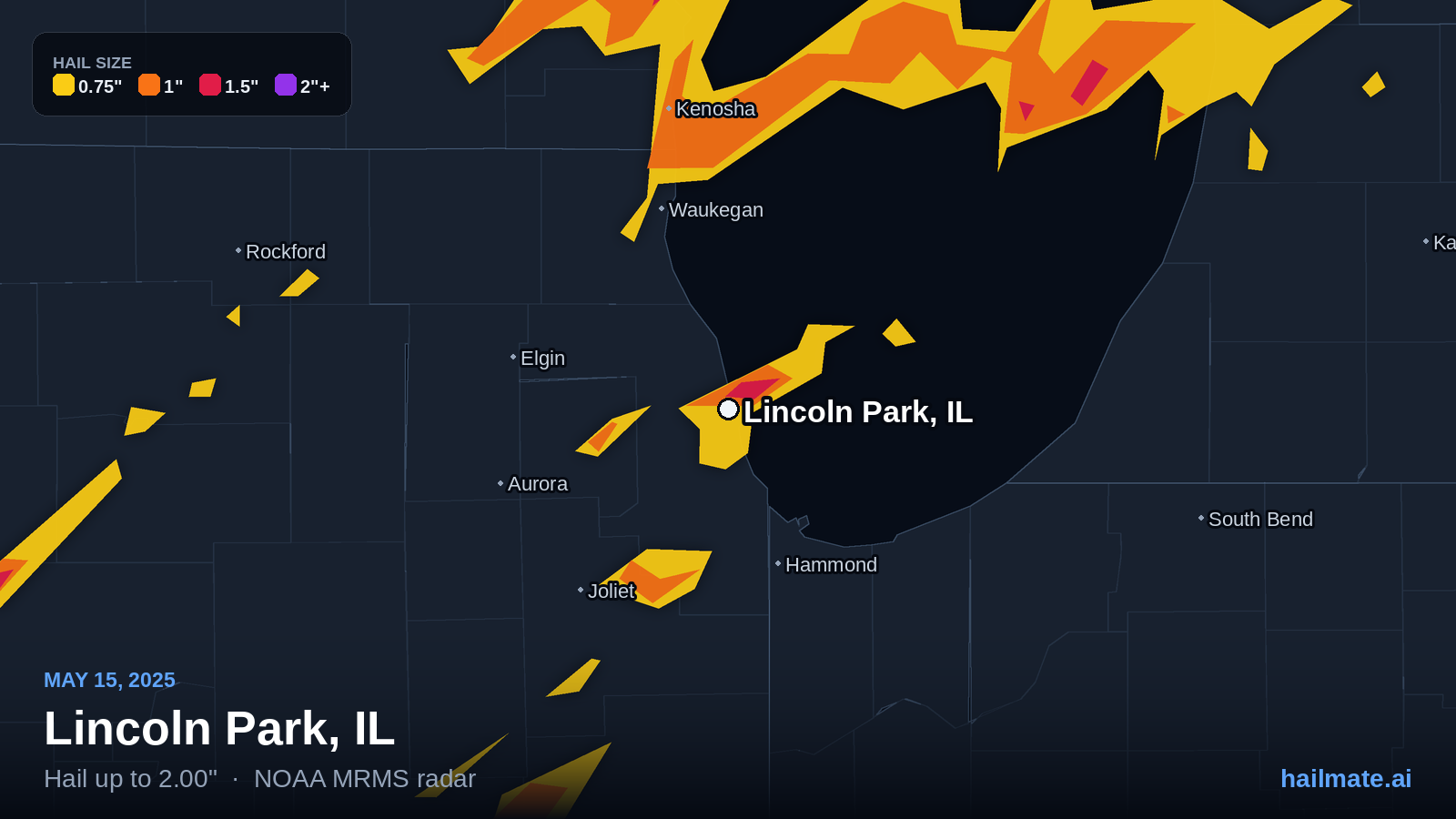 Hail swath map for Lincoln Park, IL on May 15, 2025 showing 2.00 inch hail.