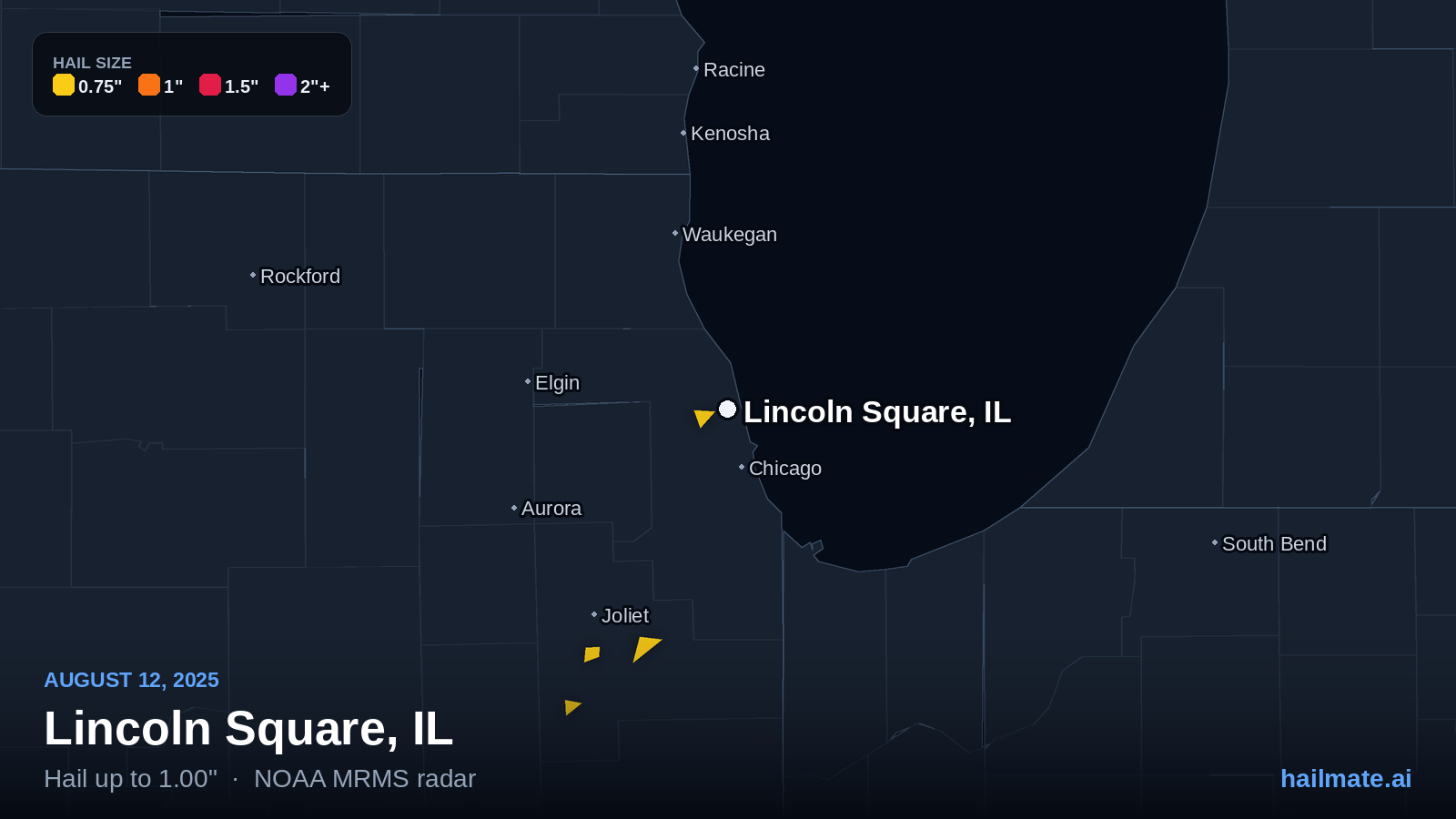 Hail swath map for Lincoln Square, IL on August 12, 2025 showing 1.00 inch hail.