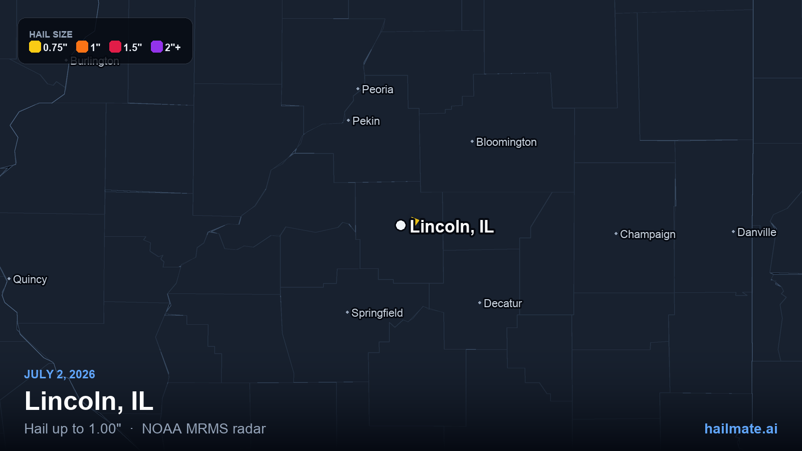Hail swath map for Lincoln, IL on July 2, 2026 showing 1.00 inch hail.