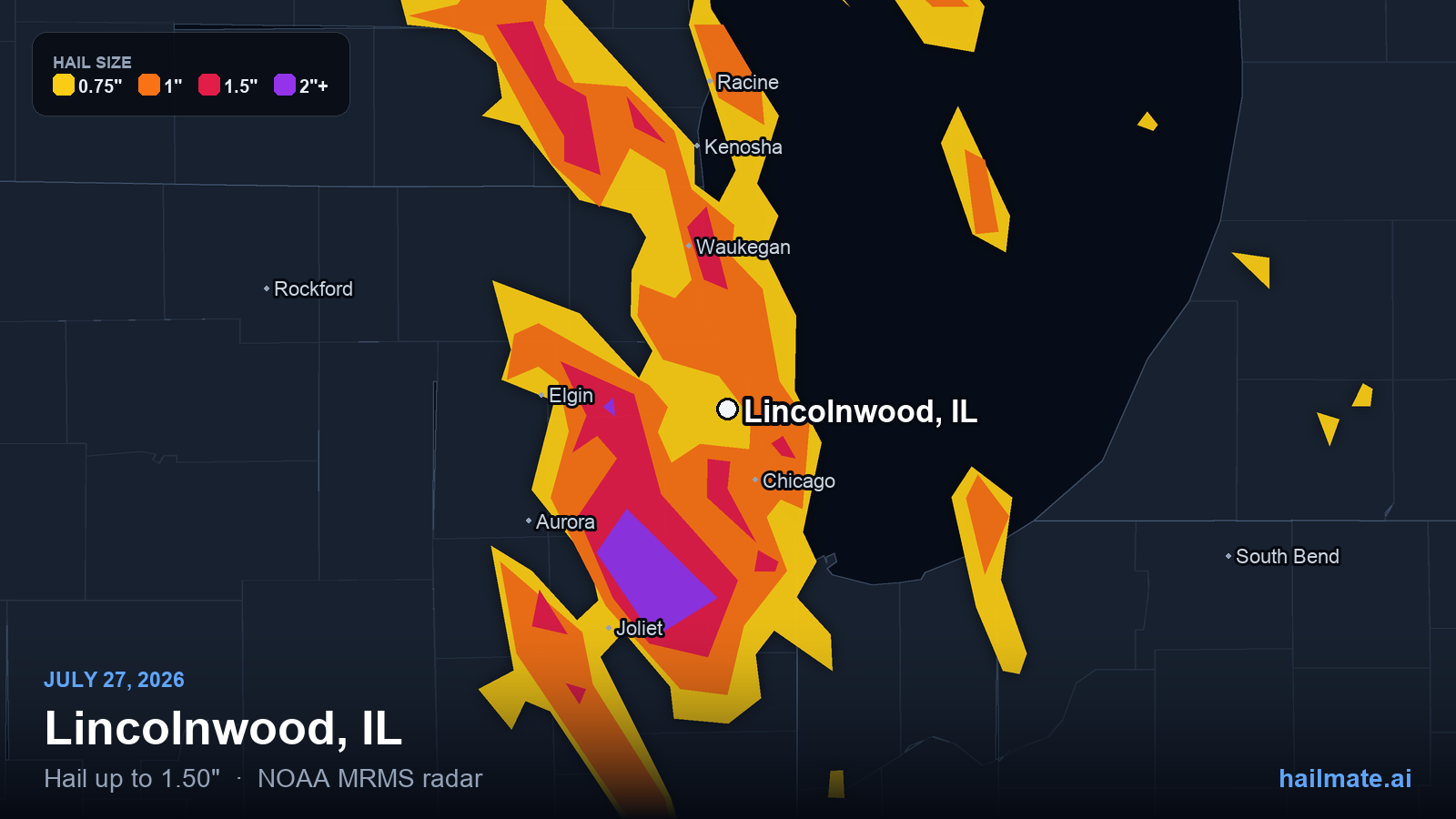 Hail swath map for Lincolnwood, IL on July 27, 2026 showing 1.50 inch hail.
