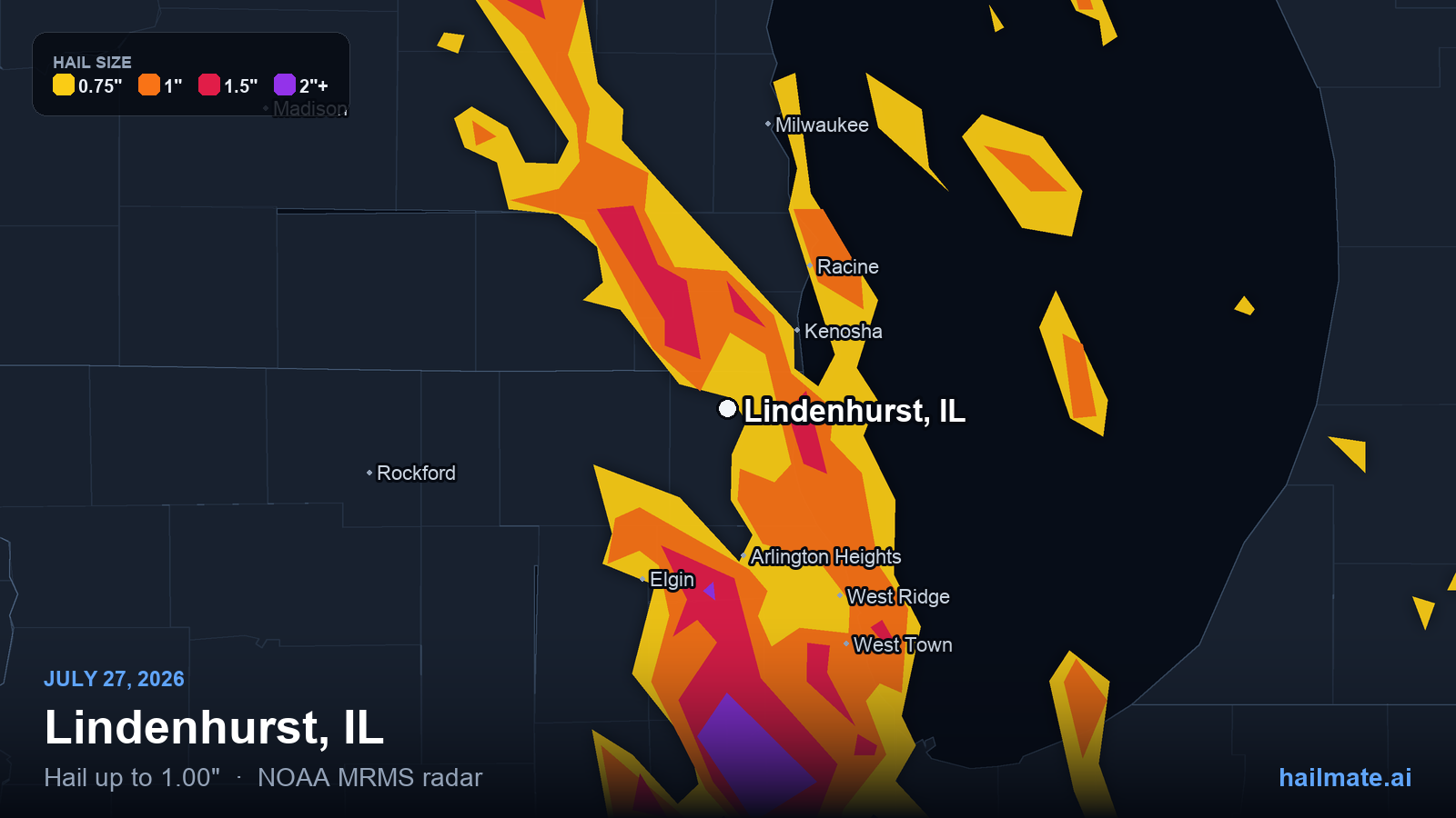 Hail swath map for Lindenhurst, IL on July 27, 2026 showing 1.00 inch hail.
