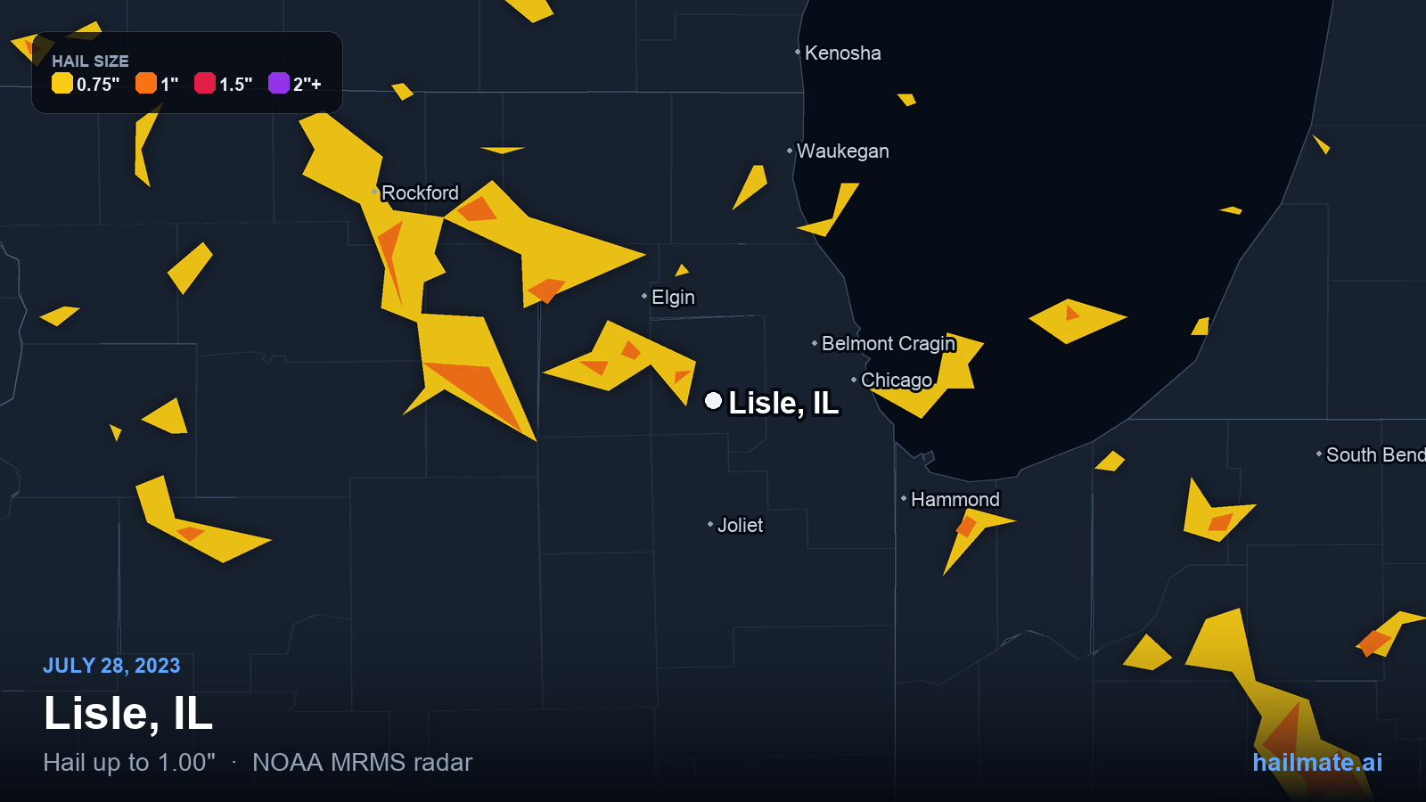 Hail swath map for Lisle, IL on July 28, 2023 showing 1.00 inch hail.