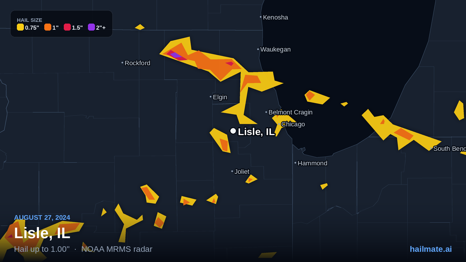 Hail swath map for Lisle, IL on August 27, 2024 showing 1.00 inch hail.
