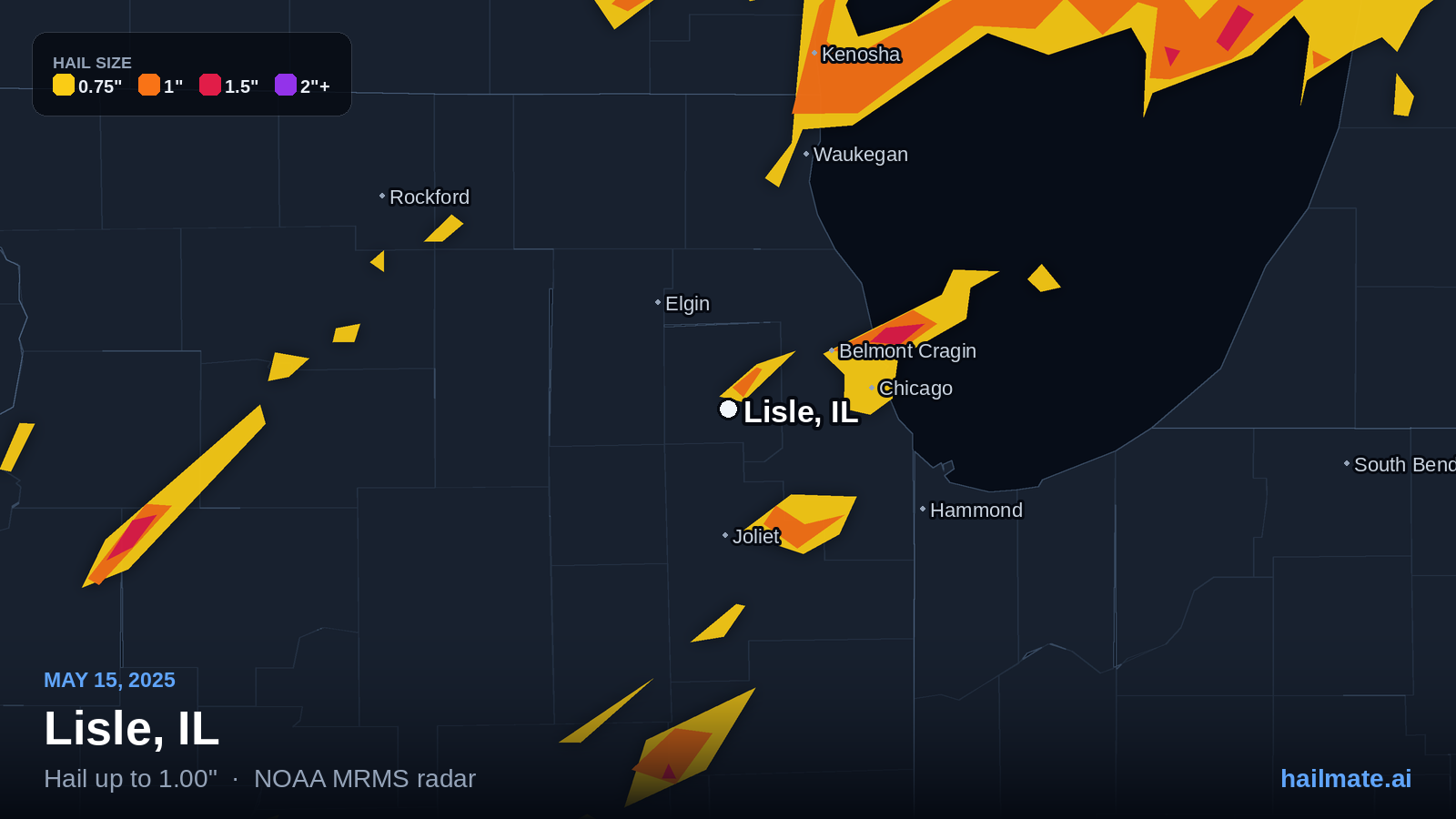 Hail swath map for Lisle, IL on May 15, 2025 showing 1.00 inch hail.