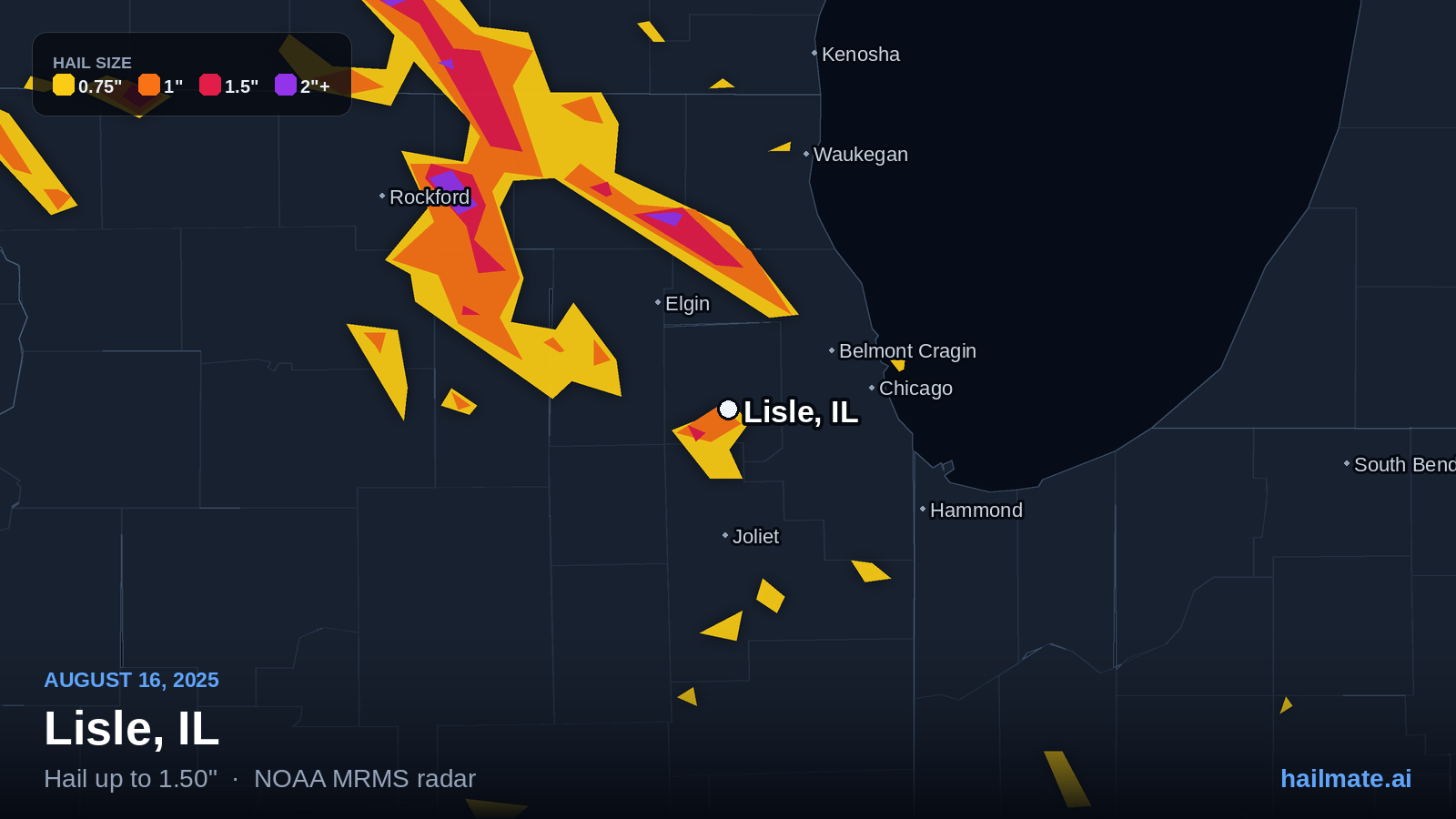 Hail swath map for Lisle, IL on August 16, 2025 showing 1.50 inch hail.