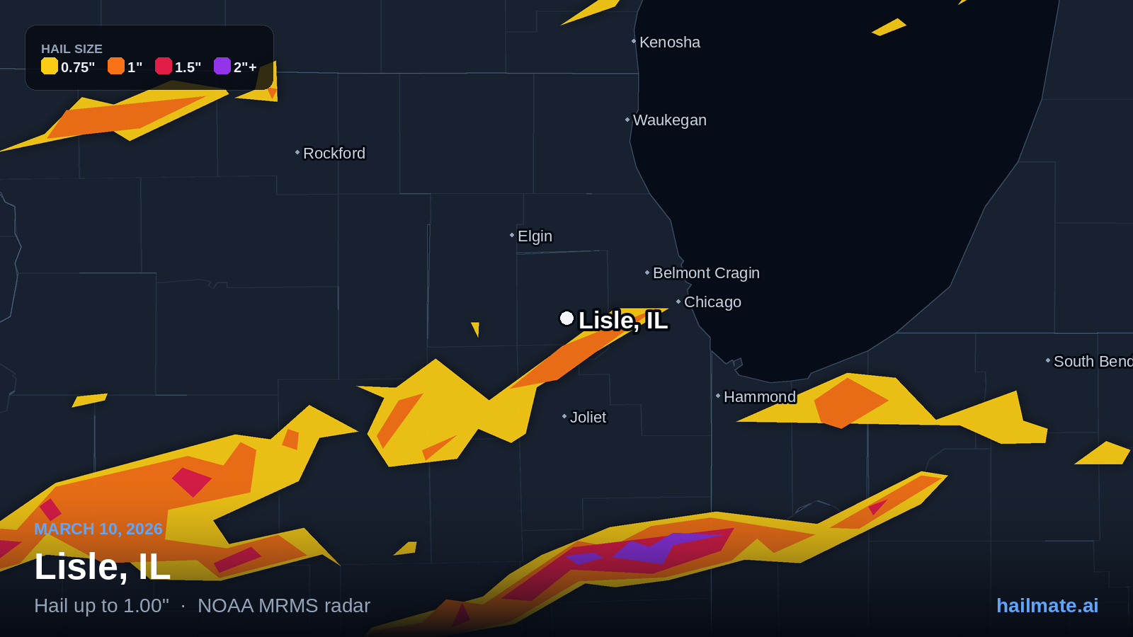 Hail swath map for Lisle, IL on March 10, 2026 showing 1.00 inch hail.