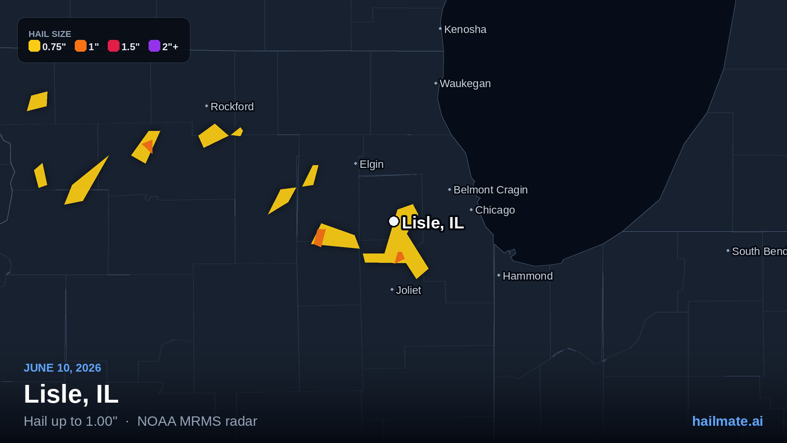 Hail swath map for Lisle, IL on June 10, 2026 showing 1.00 inch hail.