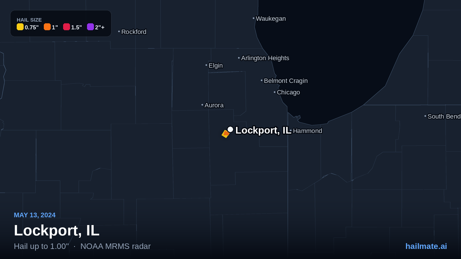 Hail swath map for Lockport, IL on May 13, 2024 showing 1.00 inch hail.