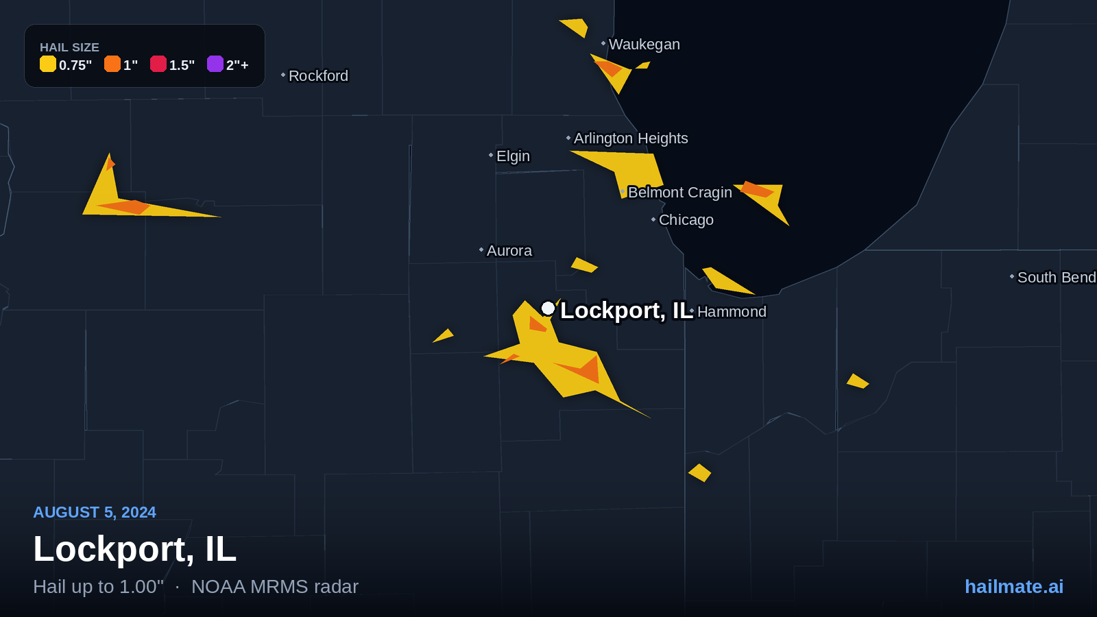 Hail swath map for Lockport, IL on August 5, 2024 showing 1.00 inch hail.