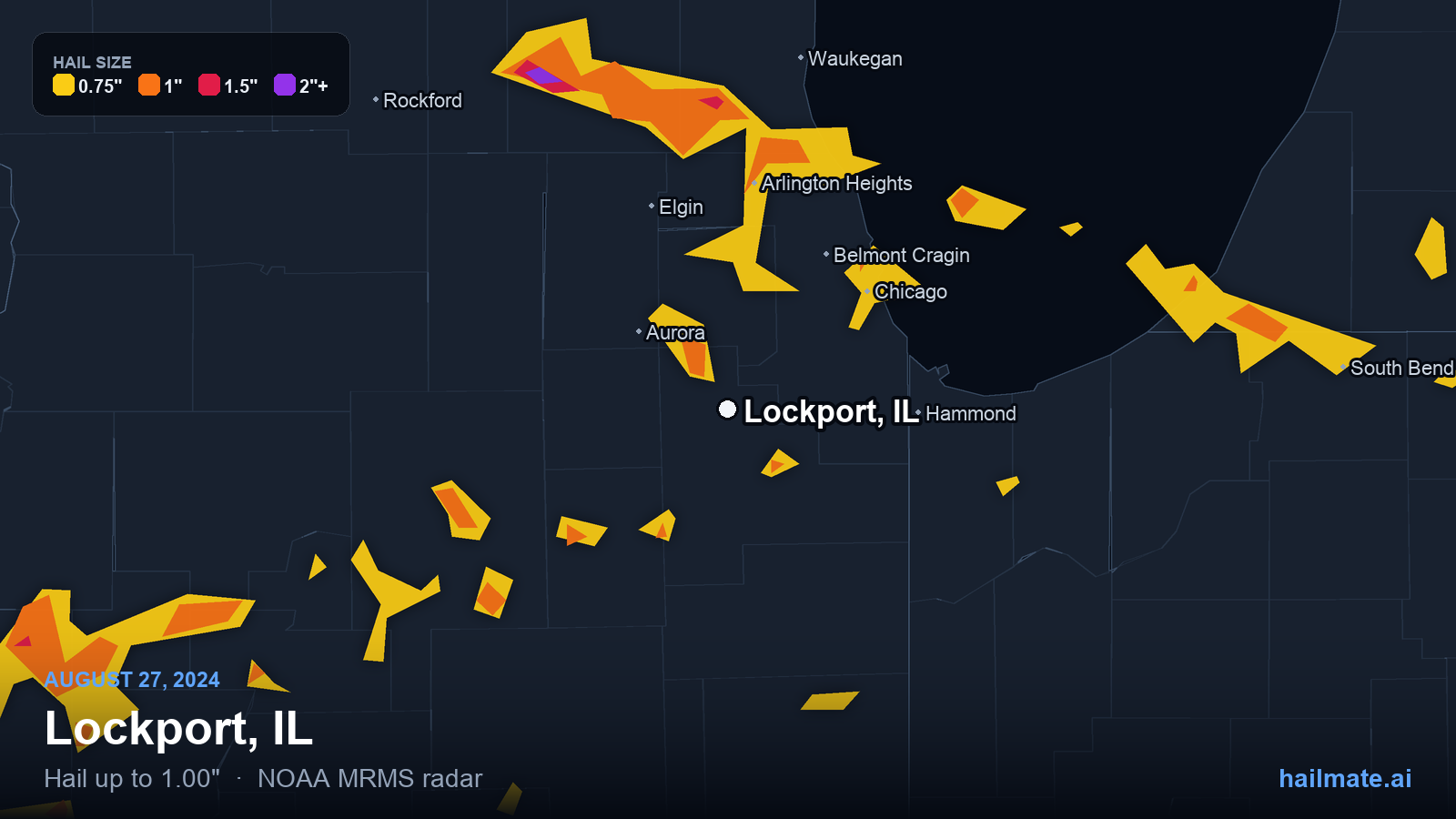 Hail swath map for Lockport, IL on August 27, 2024 showing 1.00 inch hail.