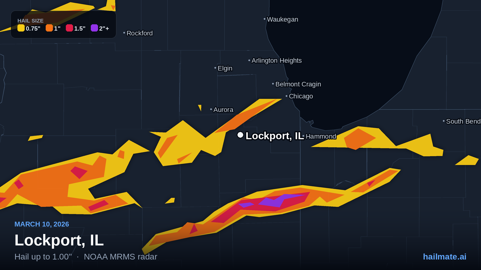 Hail swath map for Lockport, IL on March 10, 2026 showing 1.00 inch hail.