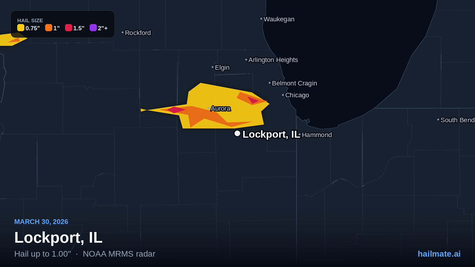 Hail swath map for Lockport, IL on March 30, 2026 showing 1.00 inch hail.