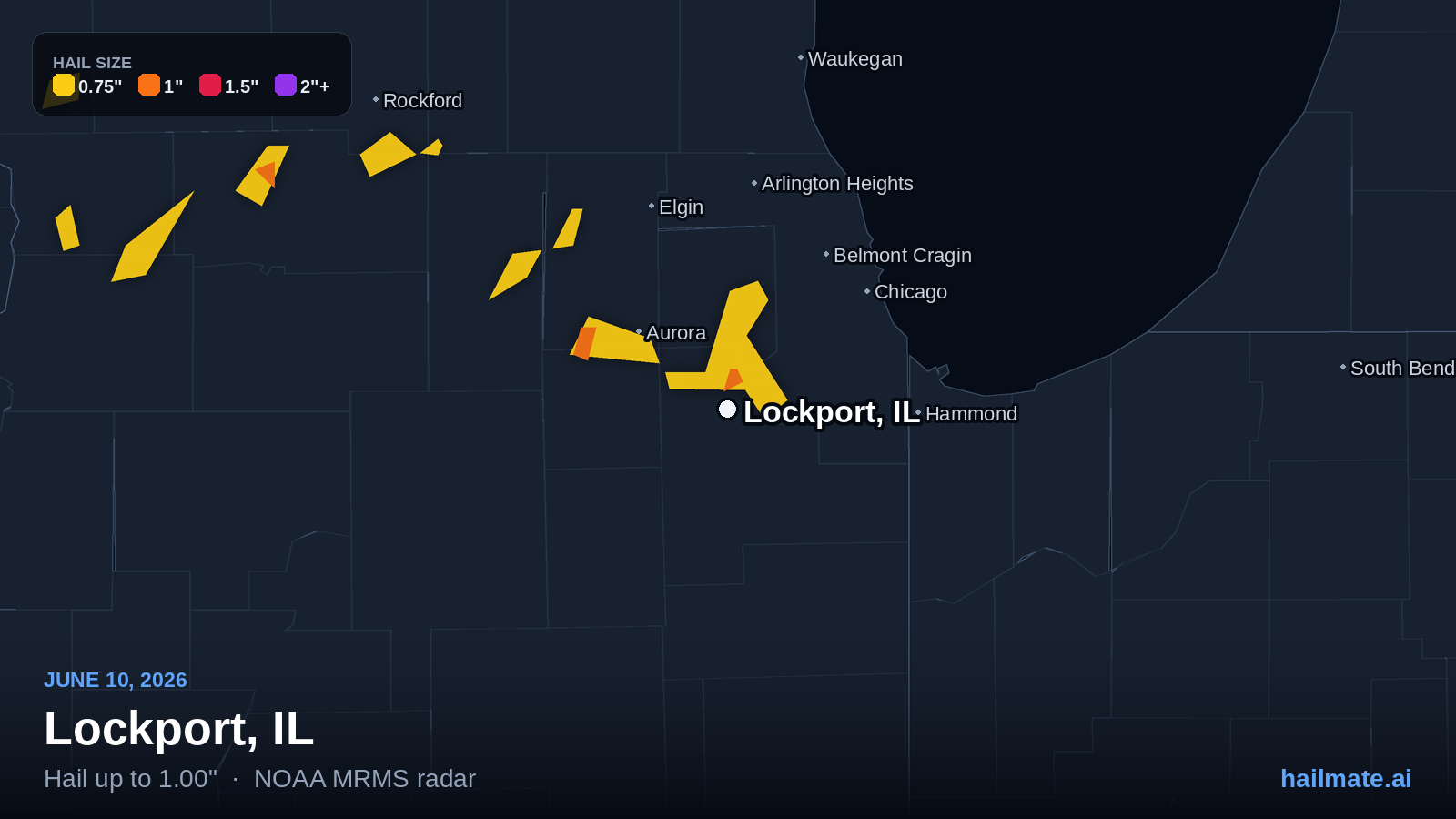 Hail swath map for Lockport, IL on June 10, 2026 showing 1.00 inch hail.
