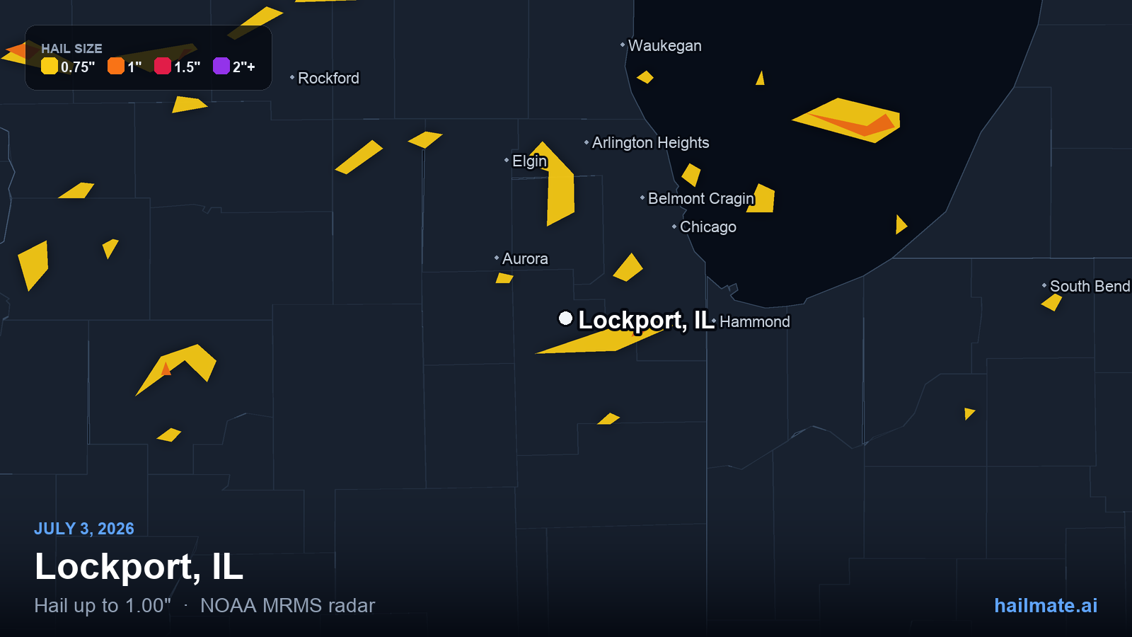 Hail swath map for Lockport, IL on July 3, 2026 showing 1.00 inch hail.