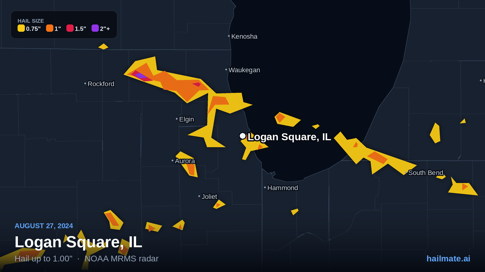 Hail swath map for Logan Square, IL on August 27, 2024 showing 1.00 inch hail.