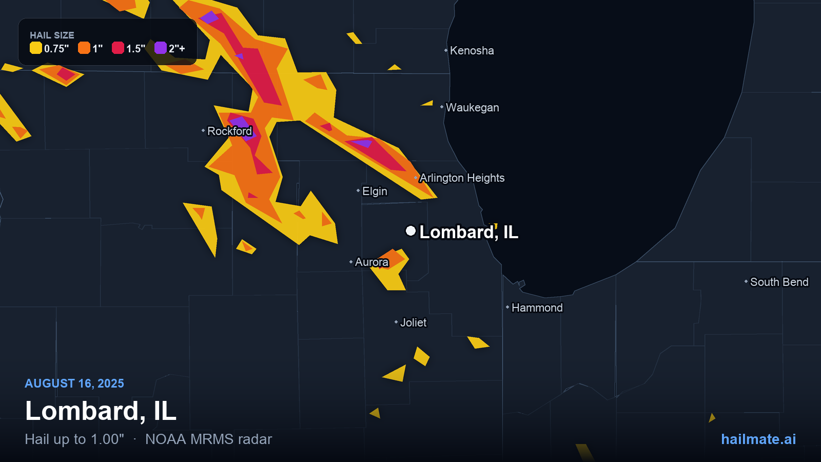 Hail swath map for Lombard, IL on August 16, 2025 showing 1.00 inch hail.