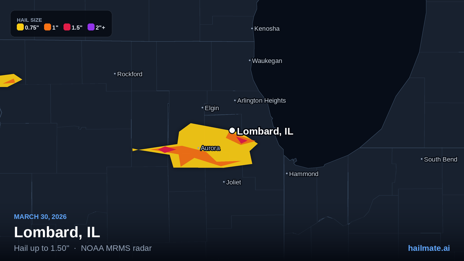 Hail swath map for Lombard, IL on March 30, 2026 showing 1.50 inch hail.