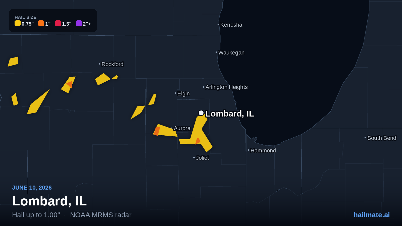 Hail swath map for Lombard, IL on June 10, 2026 showing 1.00 inch hail.