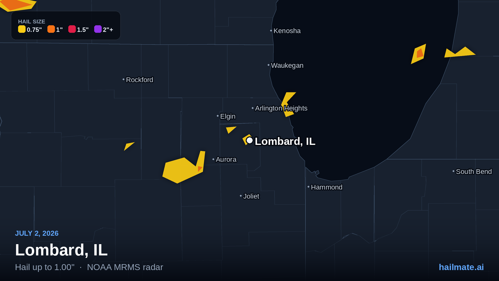 Hail swath map for Lombard, IL on July 2, 2026 showing 1.00 inch hail.