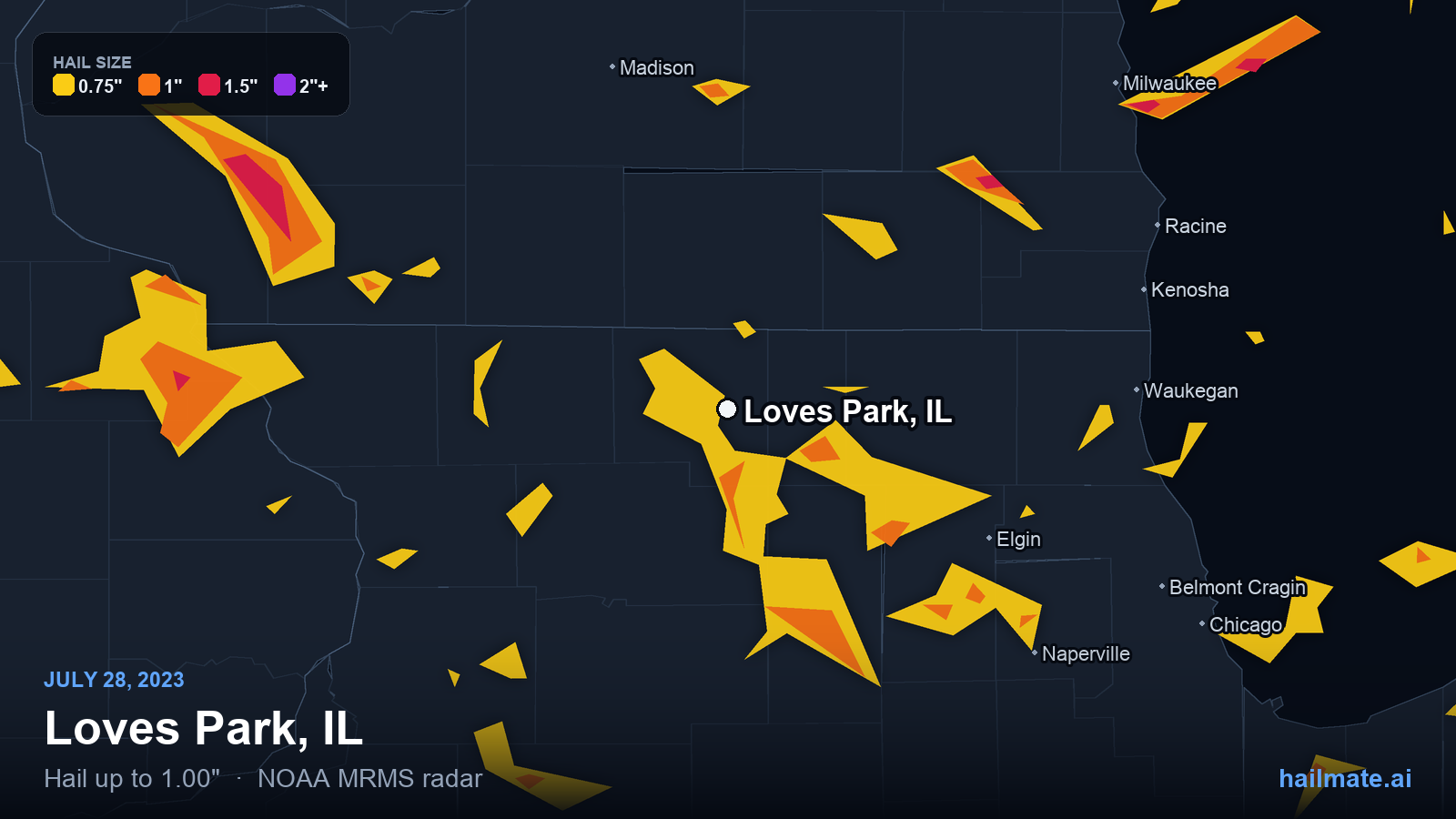 Hail swath map for Loves Park, IL on July 28, 2023 showing 1.00 inch hail.
