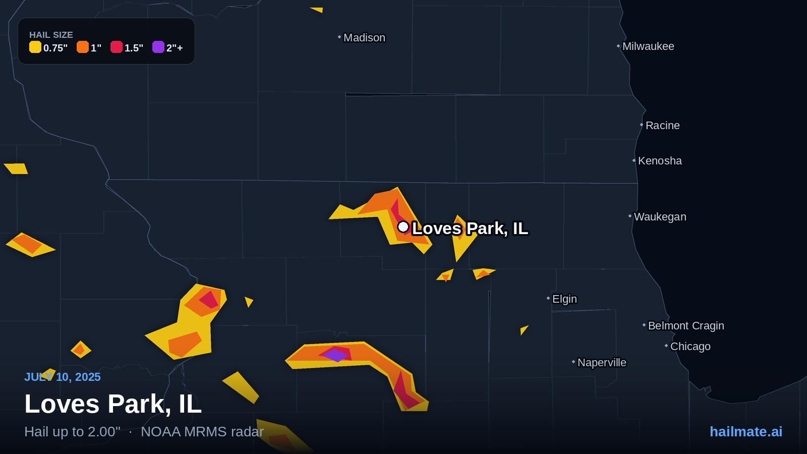 Hail swath map for Loves Park, IL on July 10, 2025 showing 2.00 inch hail.