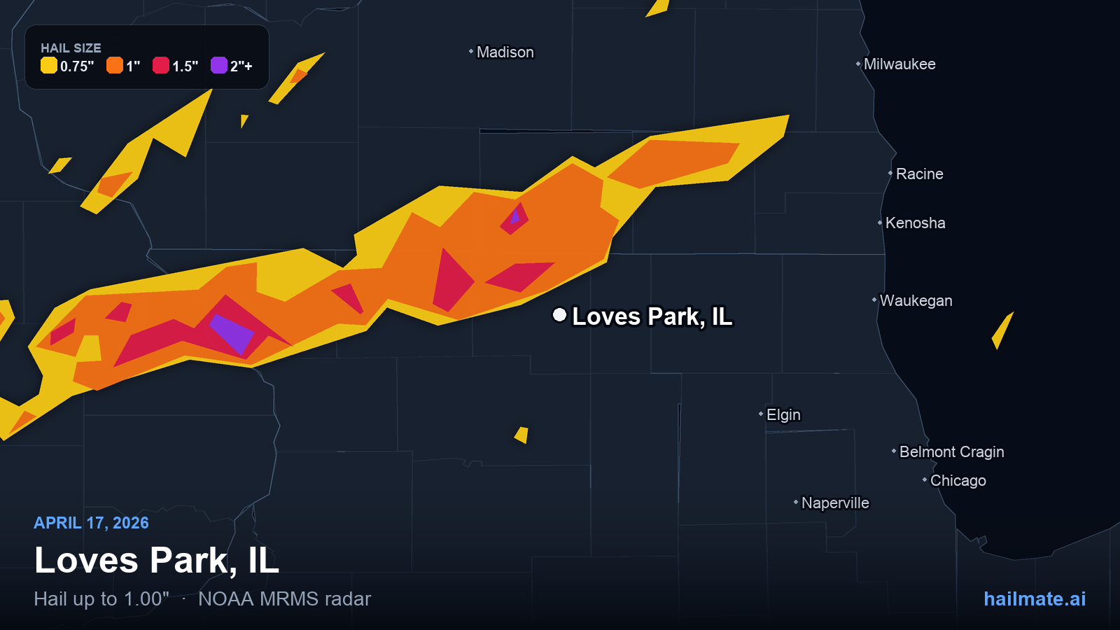 Hail swath map for Loves Park, IL on April 17, 2026 showing 1.00 inch hail.