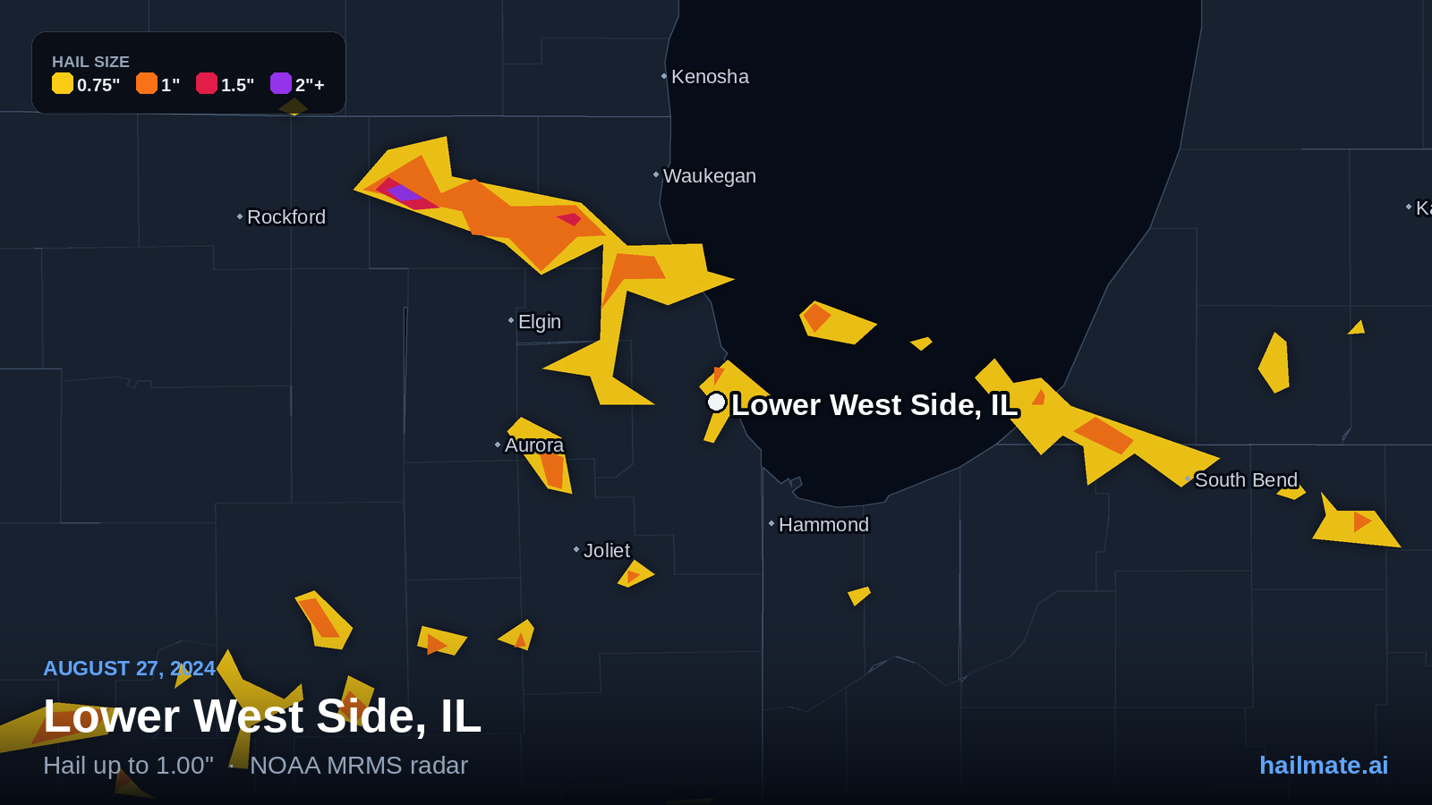 Hail swath map for Lower West Side, IL on August 27, 2024 showing 1.00 inch hail.
