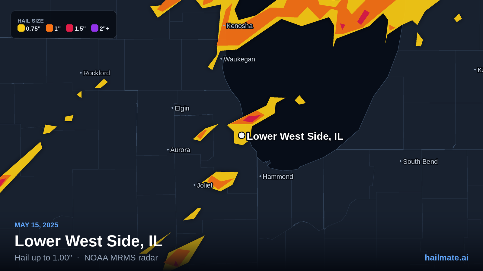 Hail swath map for Lower West Side, IL on May 15, 2025 showing 1.00 inch hail.