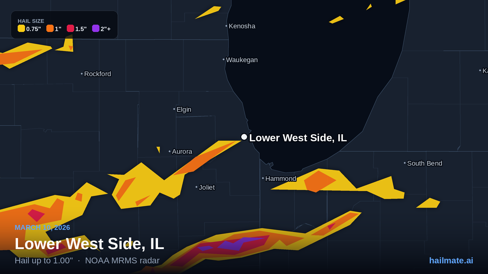 Hail swath map for Lower West Side, IL on March 10, 2026 showing 1.00 inch hail.