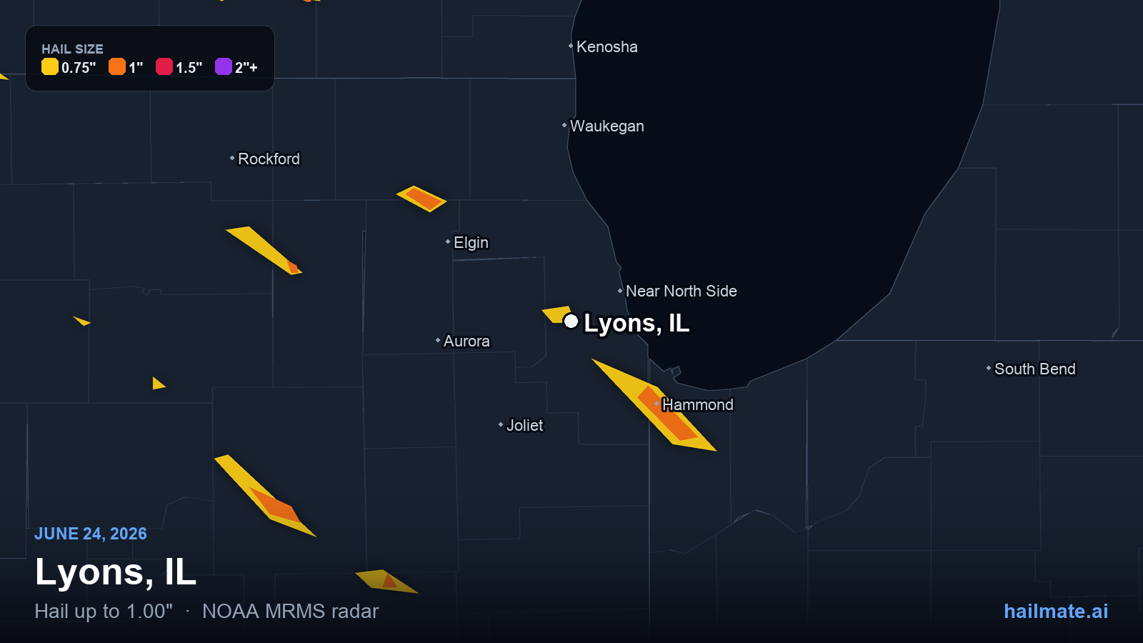 Hail swath map for Lyons, IL on June 24, 2026 showing 1.00 inch hail.