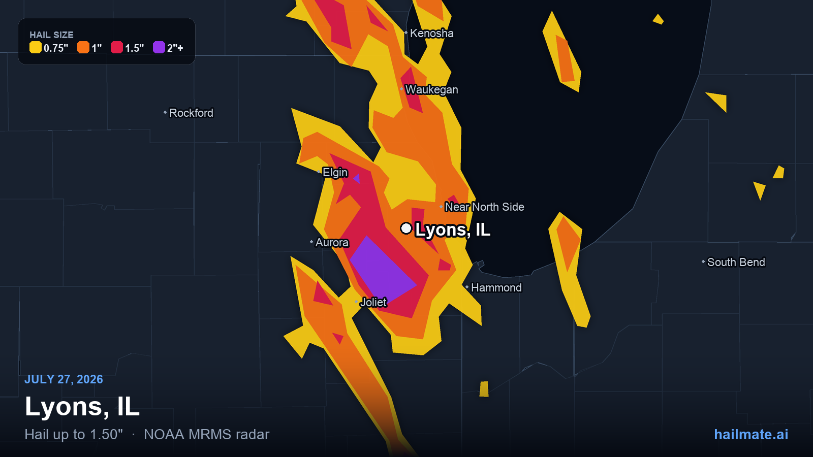Hail swath map for Lyons, IL on July 27, 2026 showing 1.50 inch hail.