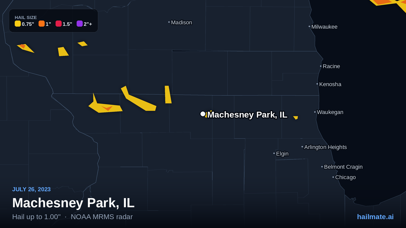 Hail swath map for Machesney Park, IL on July 26, 2023 showing 1.00 inch hail.