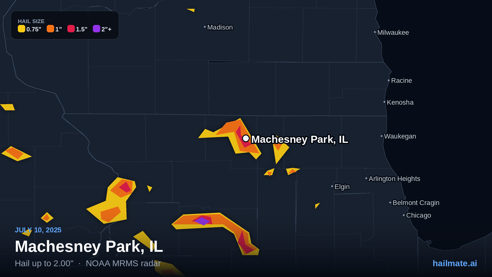 Hail swath map for Machesney Park, IL on July 10, 2025 showing 2.00 inch hail.