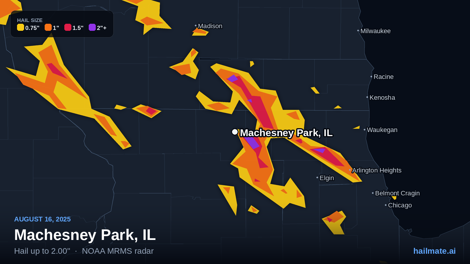 Hail swath map for Machesney Park, IL on August 16, 2025 showing 2.00 inch hail.