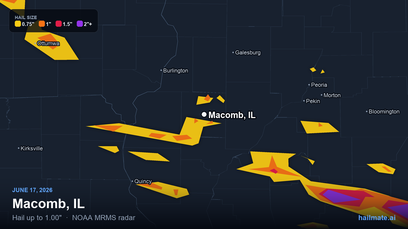 Hail swath map for Macomb, IL on June 17, 2026 showing 1.00 inch hail.