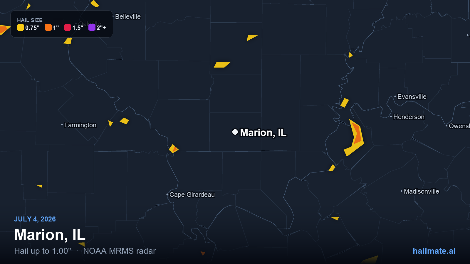 Hail swath map for Marion, IL on July 4, 2026 showing 1.00 inch hail.